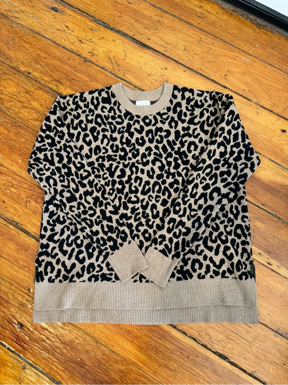 Leopard Print Crewneck Sweater - Beige & Black